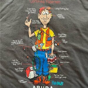 Gray and Red Cartoon Illustration Art . Aruba certified Fisherman t-shirt